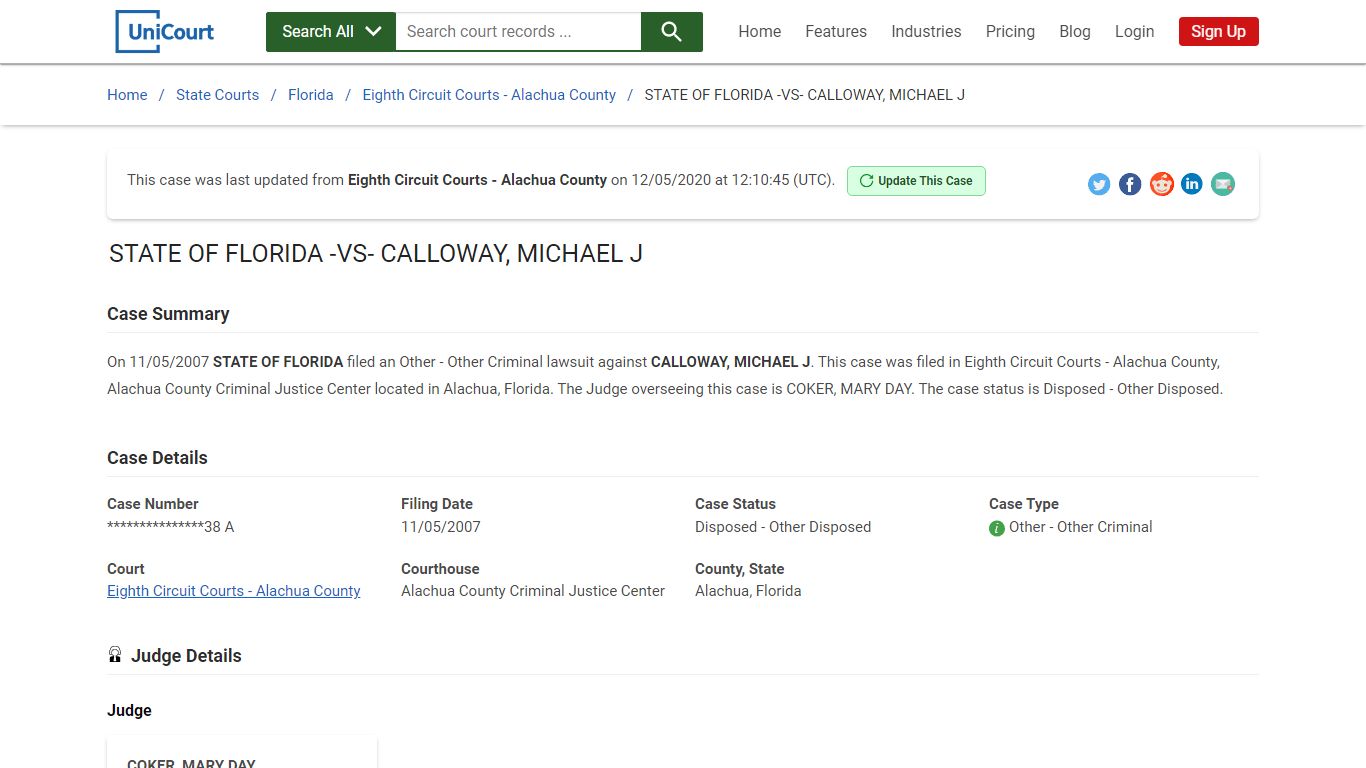 STATE OF FLORIDA -VS- CALLOWAY, MICHAEL J | Court Records - UniCourt